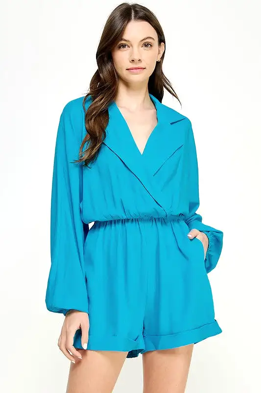 Wide Lapel Collar Linen Romper - Hawaiian Blue