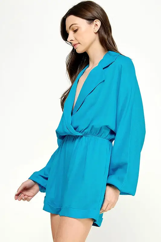 Wide Lapel Collar Linen Romper - Hawaiian Blue