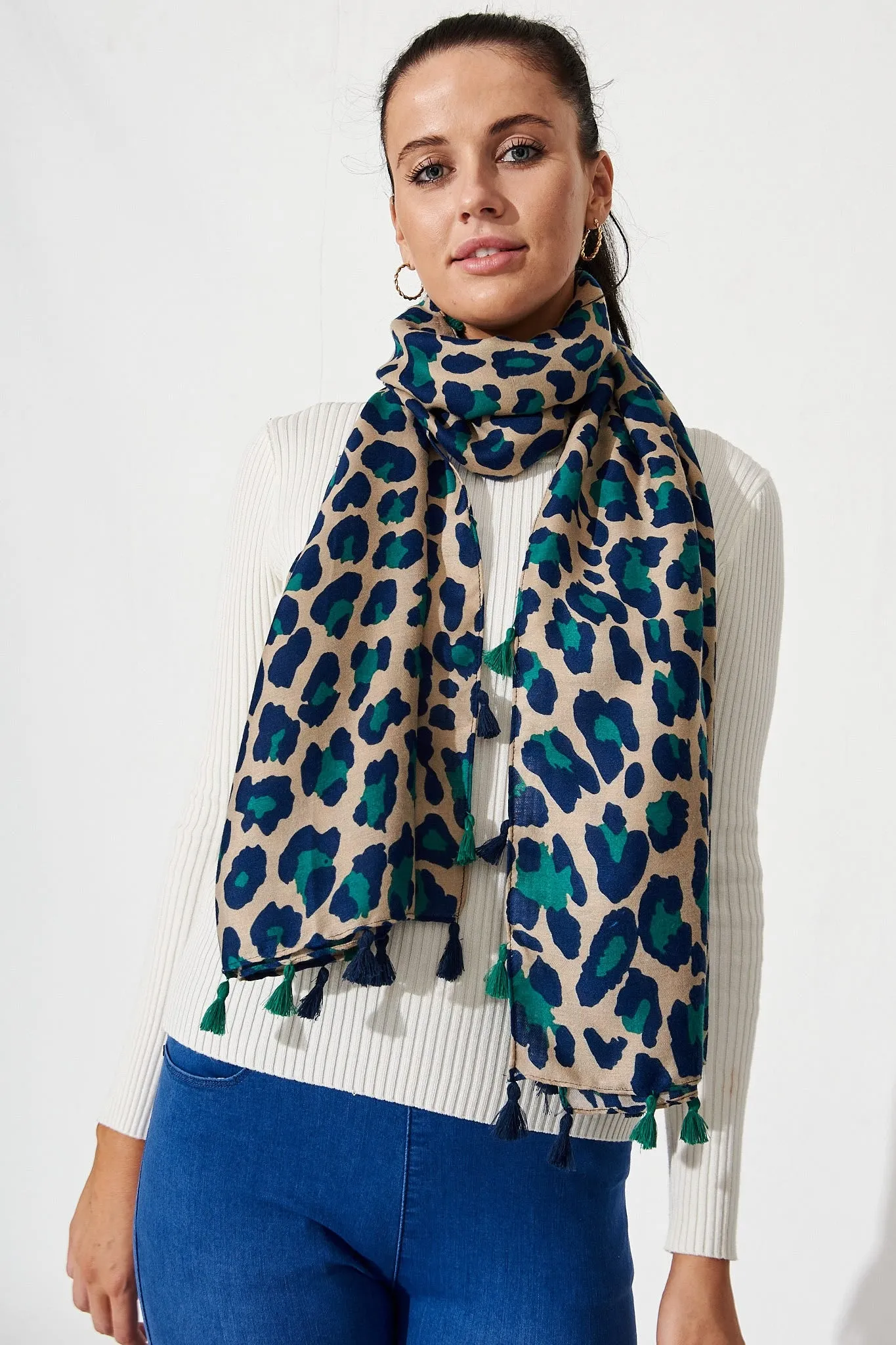 Wild Side Scarf In Beige With Green And Blue Leopard Print