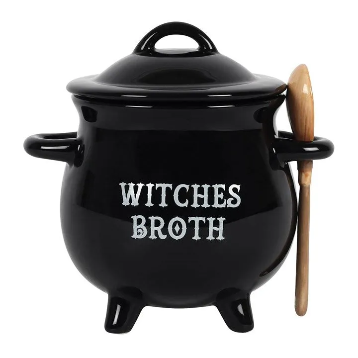 Witches' broth cauldron shaped soup bowl with lid and spoon