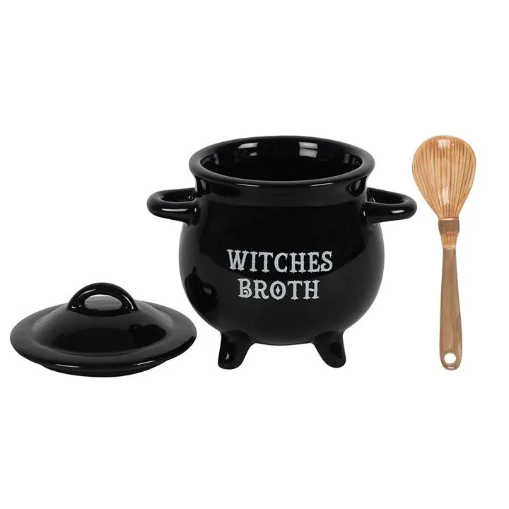 Witches' broth cauldron shaped soup bowl with lid and spoon